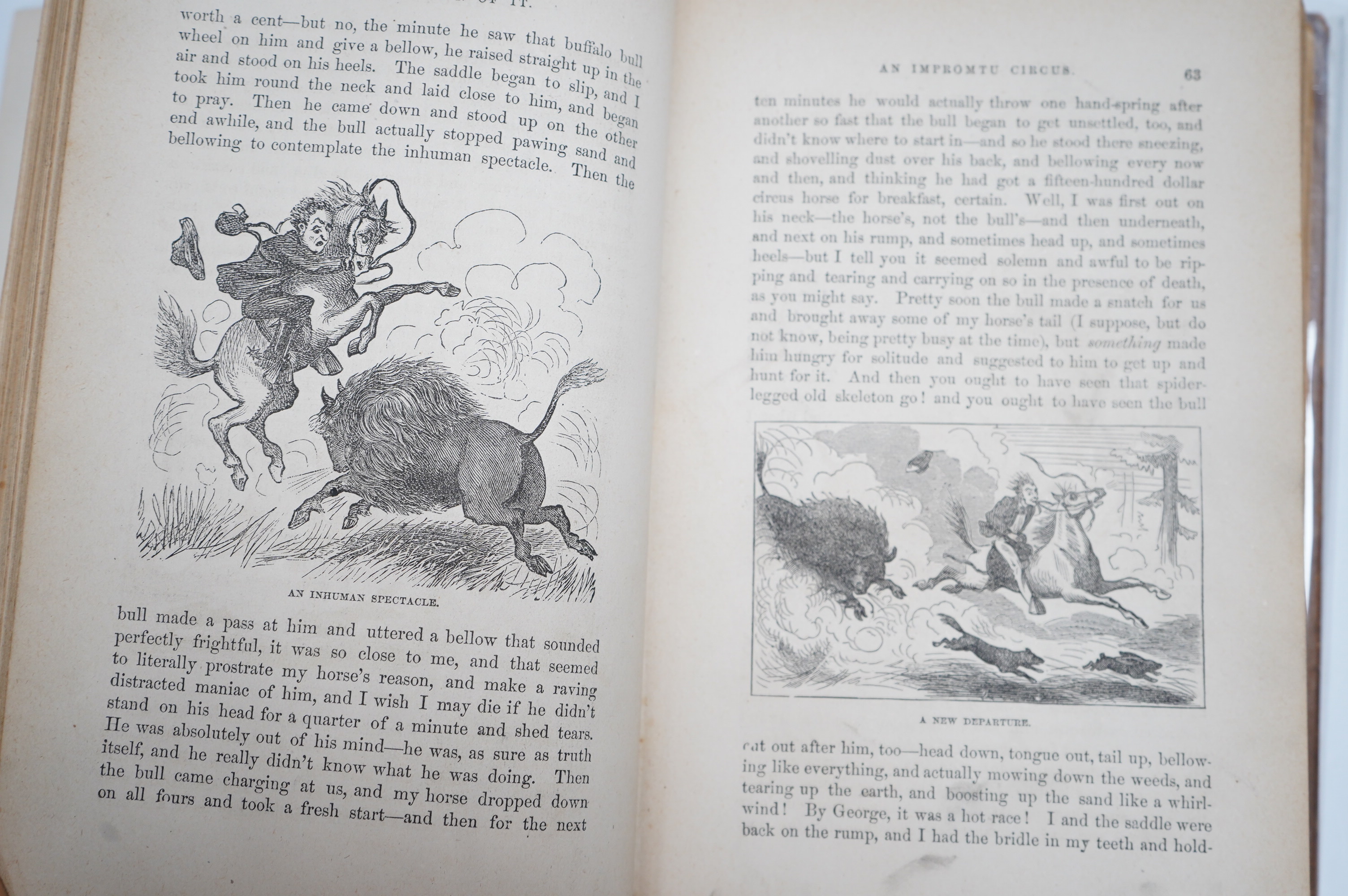 Twain, Mark [Samuel L. Clemens] - Roughing it, 8vo, calf, backstrip torn, boards scuffed, front inner hinge weak, front fly leaf with ink ownership inscription - ‘’John R. Baldwin, Christmas 1872’’, American Publishing C